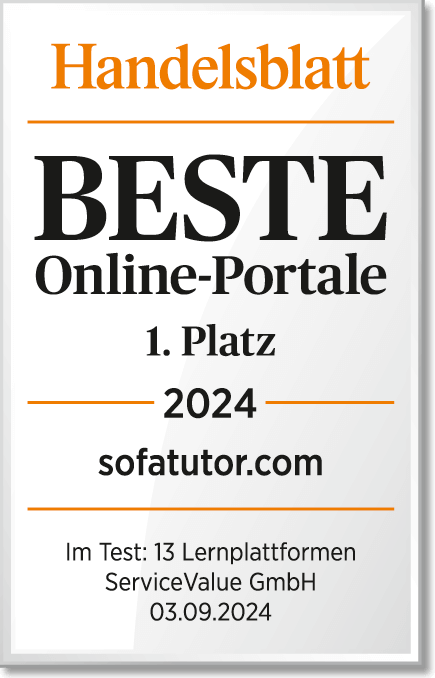 Auszeichnung, Handelsblatt, Beste Online-Portale, 1. Platz, 2024, sofatutor.com, Im Test: 13 Lernplattformen, Partner: ServiceValue GmbH, Handelsblatt 03.08.2022